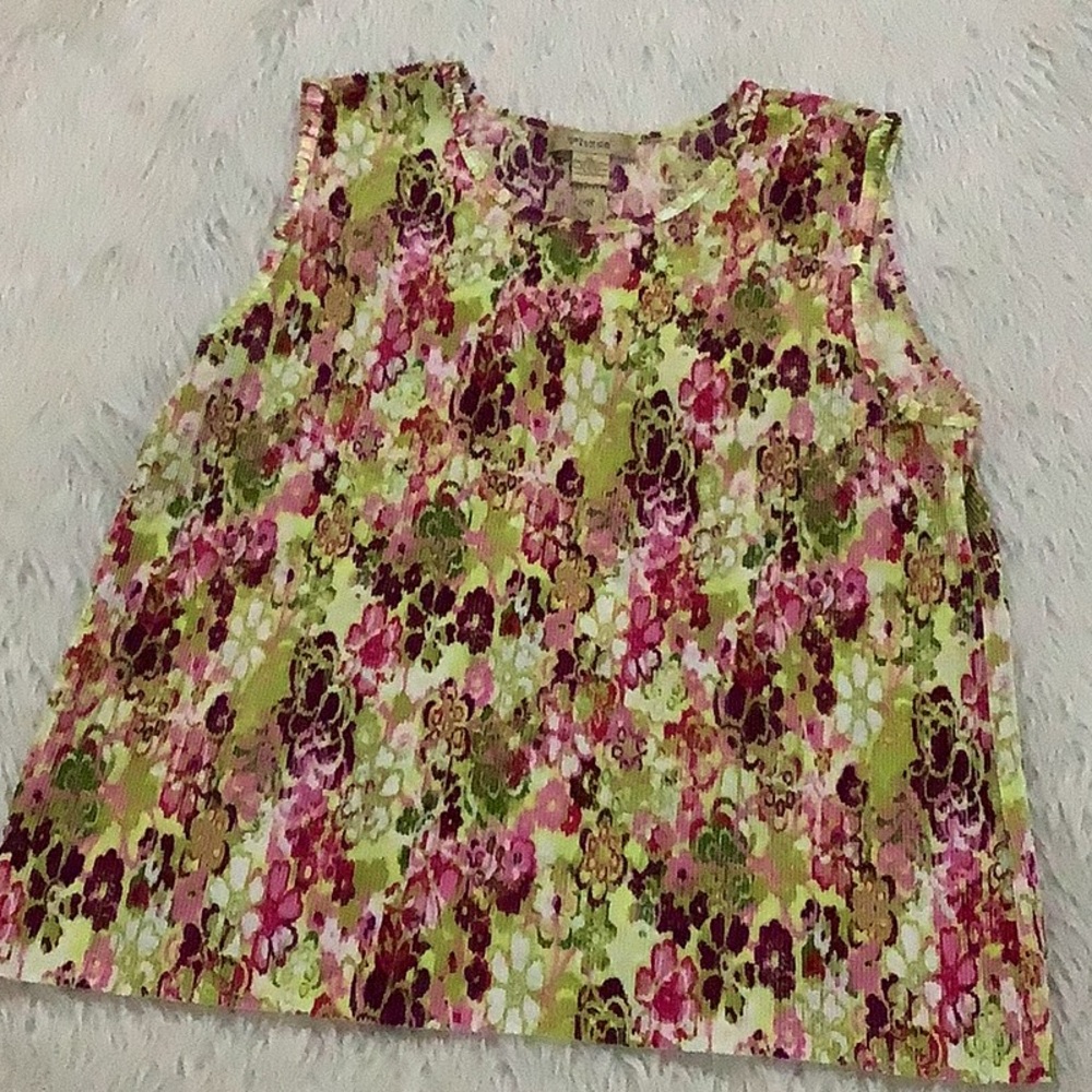 Plisse women’s floral accordion sleeveless summer blouse top size xl